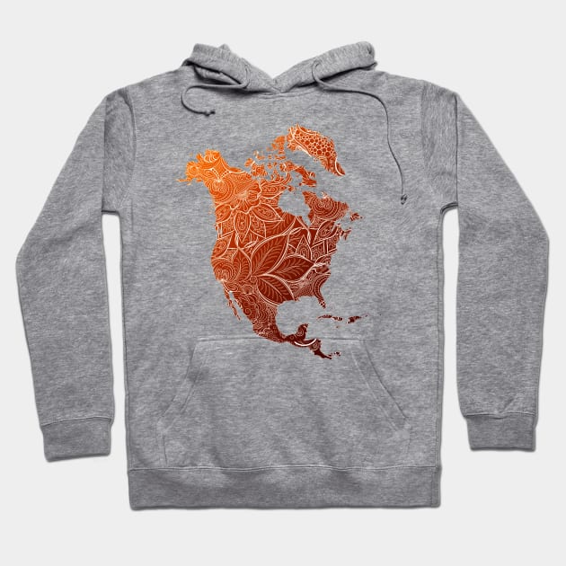 Colorful mandala art map of North America with text in brown and orange Hoodie by Happy Citizen